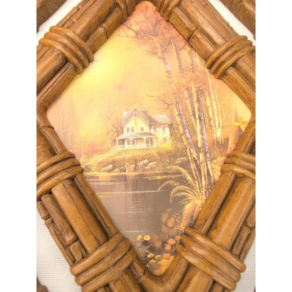 Homco Wall Plaques Brown Vintage 1983 Faux Bamboo Diamond Cottage Set of 2 325 3